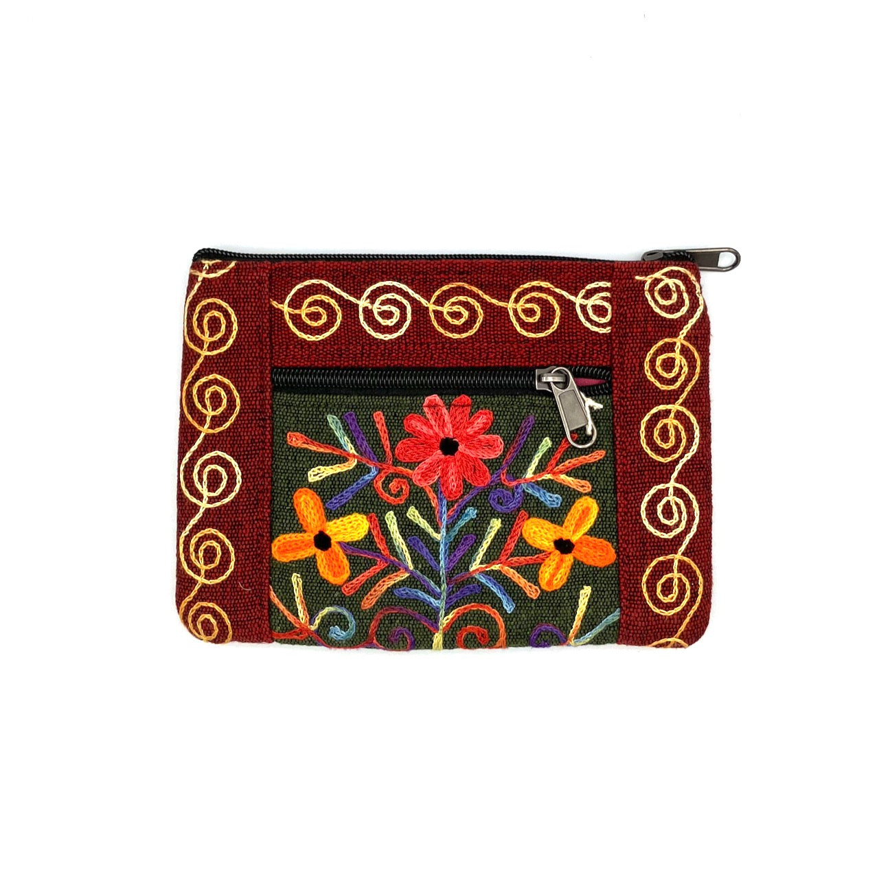 Embroidered Floral 2-Zip Accessory Purse