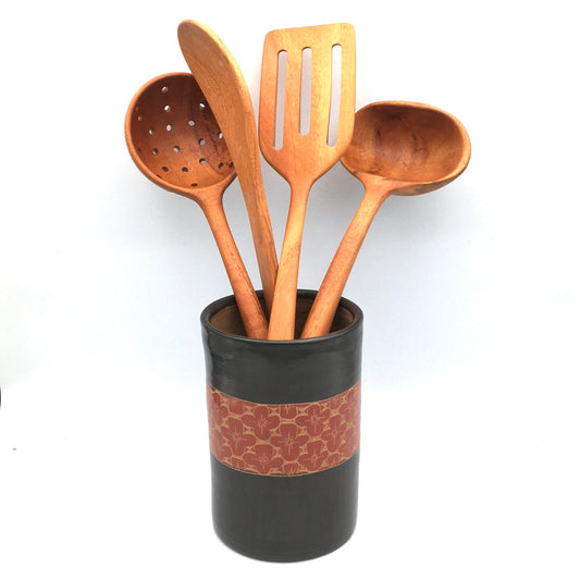Ceramic Utensil Holder (Black with Rust Flower)