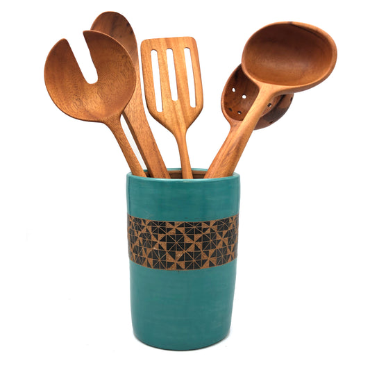 Ceramic Utensil Holder (Turquoise with Black Geometric)