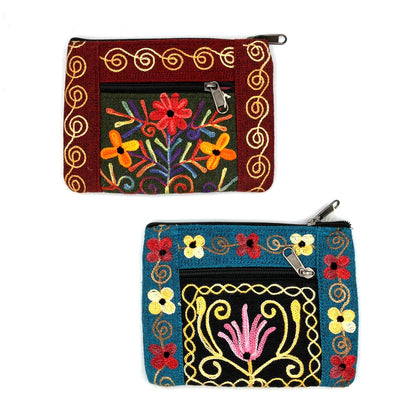 Embroidered Floral 2-Zip Accessory Purse