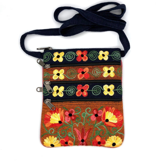 Embroidered Floral 5-Zip Crossbody Bag