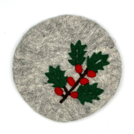 Holly Sprig Round Felt Trivet