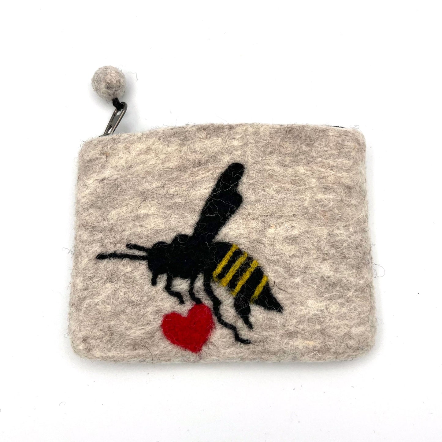 Honeybee with Heart on Gray Felt Coin Purse